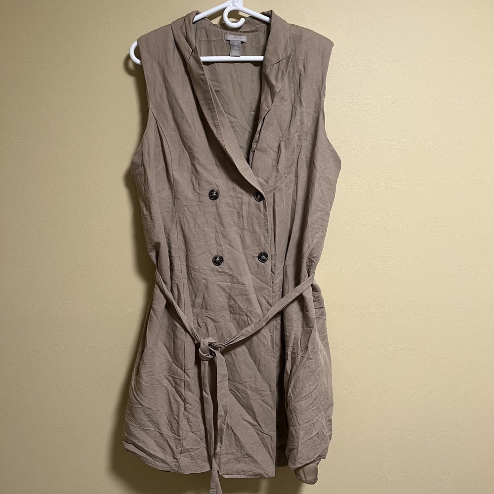 H&M Sleeveless Trench Dress Women XL Beige Tan Linen Blend Belted Academia Teach